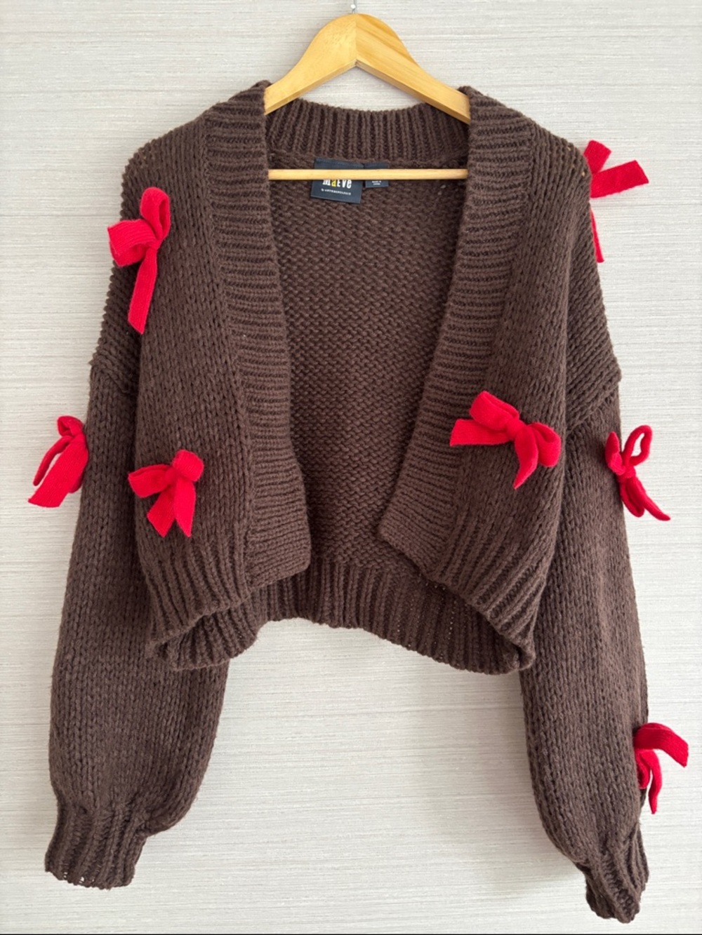 NEW Maeve Brown Cropped Knit Cardigan with Red Bow Accents